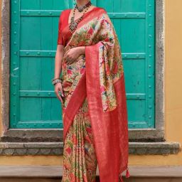 Satrani Beige Silk Floral Print Saree With Unstitched Blouse-image-11