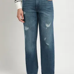 The Bear House Mid Blue Cotton Straight Fit Distressed Jeans-picture-26