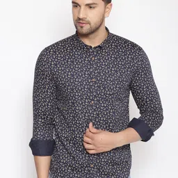 SHOWOFF Men Navy Blue & Grey Cotton Classic Slim Fit Printed Casual Shirt-image-84