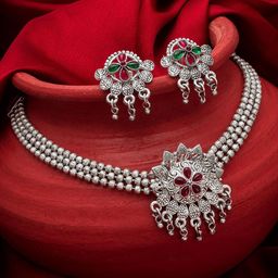 aadita Oxidized Silver-Plated Pink Stone-Studded Jewellery Set-image-38