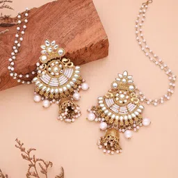 Anouk Gold-Plated Stones Studded & Beads Beaded Dome Shaped Jhumkas With Ear Chain image 5