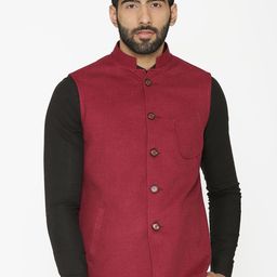 Wintage Men Red Solid Nehru Jacket-42