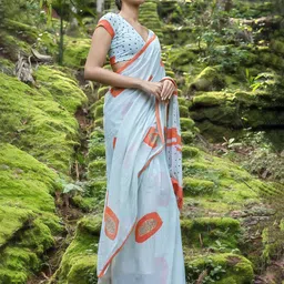 STAVA CREATION Papaya Printed Pure Cotton Chanderi Saree-48