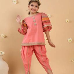 Pspeaches Girls Peach Cotton Regular Fit Applique Kurta Set-picture-32
