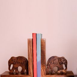 ExclusiveLane Brown Hand-Carved Wooden Elephant Book Ends Organisers-47