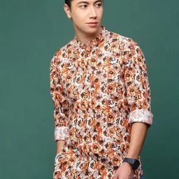 Showoff Orange Cotton Slim Fit Printed Shirt-image-8
