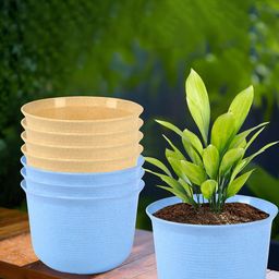Kuber Industries 8Pcs Blue & Beige Textured Planters With Plate-image-23