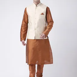 DEYANN Men Copper-Toned Self Design Kurta with Churidar & Nehru Jacket-image-67