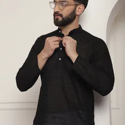 SOJANYA Men Black Self-Design Straight Kurta-image-10