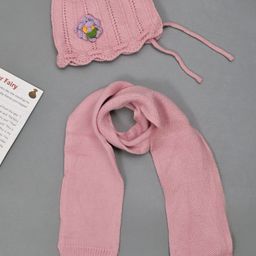 Yellow Bee Girls Self Design Woollen Beanie With Muffler-2