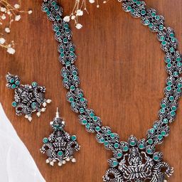 TEEJH Oxidised Silver-Plated Green & White Stone-Studded & Beaded Temple Jewellery Set-image-17
