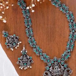 Teejh Ethnic Rachita Green Stone Temple Work Necklace Set for Women-picture-33