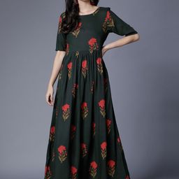 Vishudh Women Olive Green Printed Maxi Dress-image-70
