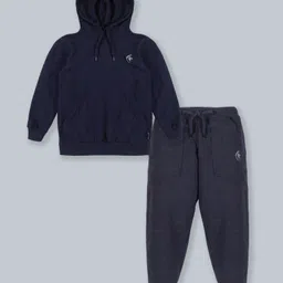 Kiddopanti Full Sleeves Logo Printed Kangaroo Pocket Hooded Sweatshirt & Track Pants Set - Navy Blue-picture-9