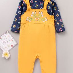 Babyhug 100'% Cotton Full Sleeves Dungaree Style Romper With Inner Tee Floral Print - Blue Yellow-picture-25