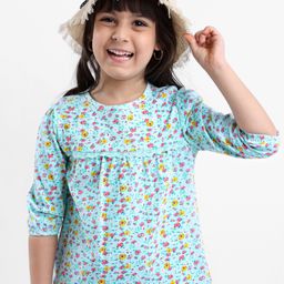 Babyhug Three Forth Sleeves Floral Print With Lace Detail Tee - Light Blue-image-55