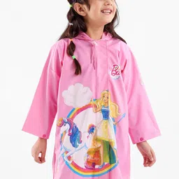 Babyhug Full Sleeves Hooded Barbie Graphics Raincoat - Pink-picture-35