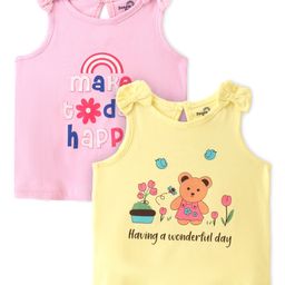 Doodle Poodle 100% Cotton Sleeveless Teddy & Text Printed Tops Pack Of 2 - Elfin Yellow & Pink A Boo-image-37