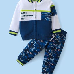 Babyhug Single Jersey Knit Full Sleeves Cut & Sew Design T-Shirt& Lounge Pants Set Camouflage & Text Print - White & Navy-image-57
