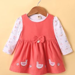 ToffyHouse Cotton Woven Frock & Full Sleeves Inner Tee With Floral Print Duck Embroidery & Bow Applique - Red-image-58