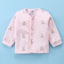 Zero Fleece Knit Full Sleeve Front Open Jhabla with Teddy Print - Pink-image-41