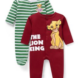 Babyhug Disney Interlock Knit Full Sleeves Sleep Suits With Stripes & Lion King Graphics Pack Of 2 - Maroon & Green-image-94