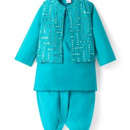 Babyhug Woven Full Sleeves Solid Colour Kurta Dhoti Set with Mirror Work EmbroideryNehru Jacket - Aqua Blue-image-78