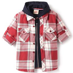 Rikidoos Full Sleeves Checked Hooded Shirt With Attached Tee - Maroon & Navy Blue-image-99