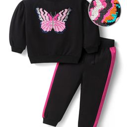 Babyhug Terry Knit Full Sleeves T-Shirt & Lounge Pants Set With Reversible Sequin Detailing - Black-image-73