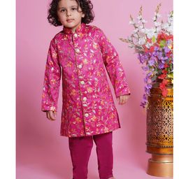 Little Bansi Mulberry Silk Full Sleeves Floral Embroidered & Sequins Embellished Sherwani With Solid Pyjama Set - Pink-27