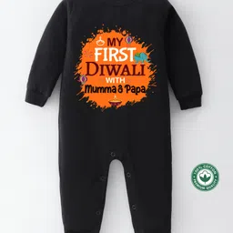 BLUSHES Diwali Theme 100% Cotton Full Sleeves My First Diwali With Mumma & Papa Text Printed Romper - Black-picture-10