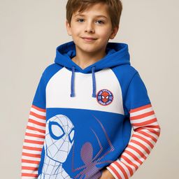 Pine Kids Marvel Knit Cut & Sew Design Full Doctor Sleeves Light Weight Hoodie Sweatshirt With Spiderman Graphics - Blue White & Red-image-49