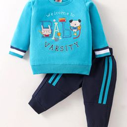 Zero Cotton Knit Full Sleeves Winter Wear Sweatshirt & Joggers Set with Animal Print -Turquoise & Navy-60