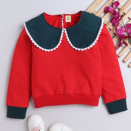 Aww Hunnie Cotton Terry Full Sleeves Colour Blocked Lace Embellished Sweatshirt - Red-image-18