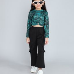 Taffykids Full Sleeves Graphic  Printed Ring Cut Out Crop Top & Pocket Detailed Cargo Pant Set - Green & Black-image-3