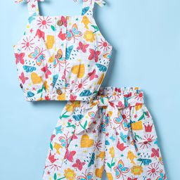 Dew Drops Poplin Woven Sleeveless Co-ords Top & Shorts Set with Fabric Belt & Tropical Theme Print - Green-image-14