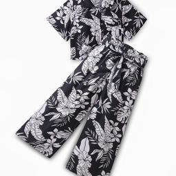 CrayonFlakes Half Sleeves Floral Printed Shirt Style Crop Top With Coordinating Palazzo Set - Black-image-96