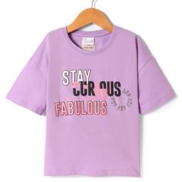 Olio Kids Cotton Knit Half Drop Shoulder Sleeves T-Shirt with Text Print - Purple-image-89