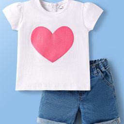Mark & Mia Knit Half Sleeves Top & Denim Shorts Set With Heart Print - White & Blue-image-27