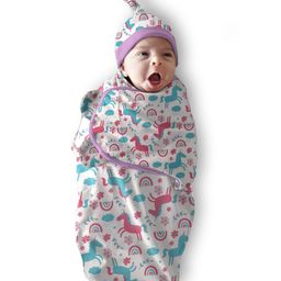Polka Tots Cotton Unicorn Print Swaddle Wrap With Cap For New Born Baby - Multicolor-image-88