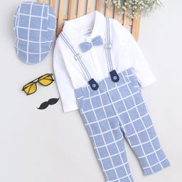 BUMZEE Interlock Knit Full SleevesShirt with Attached Bow & Pant Set With Suspender Cap with Checks - Light Blue & White-image-11