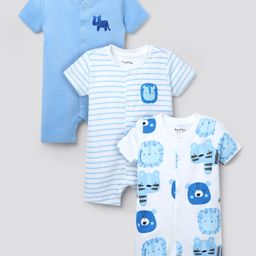 Bonfino 100% Cotton Knit Half Sleeves Front Open Animals Printed Rompers Pack Of 3 - White & Blue-image-51