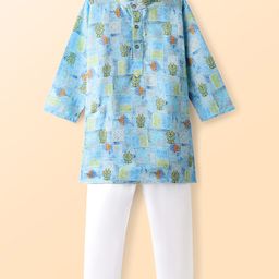 Ridokidz Cotton Full Sleeves Paisleys Printed Kurta Pyjama Set - Sky Blue-image-9