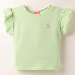 Little Kangaroos Cotton Knit Half Puffed Sleeves Textured Top with Patch Detailing - Light Green-image-72