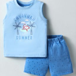 Zero Sinker Knit Sleeveless Tank T-Shirt & Shorts Set With Beach Theme Print - Blue-image-32