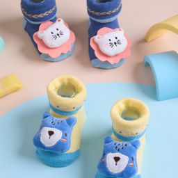 Kicks & Crawl Pack Of 2 Cat & Teddy Bear Applique Detailed 3D Socks - Blue & Yellow-3