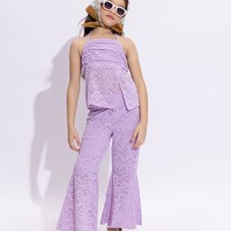 Taffykids Sleeveless Schiffli Embroidered Coordinating Top & Flared Pant Set - Lilac-image-55