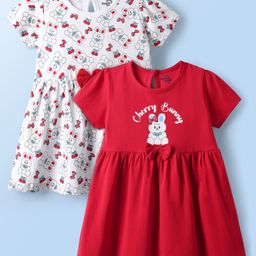 Doodle Poodle Cotton Knit Half Sleeves Bunny Printed Frocks With Bow Applique Pack of 2 - Red & White-image-29