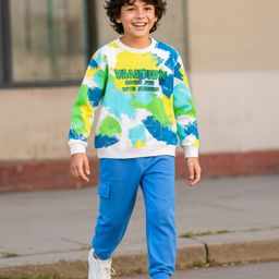 OLLINGTON ST. Cotton Knit Full Sleeves Printed Sweatshirt & Knit Joggers Set - White & Blue-picture-38