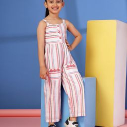 Budding Bees Cotton Woven Sleeveless Striped & Floral Applique Detailed Jumpsuit - White-picture-43